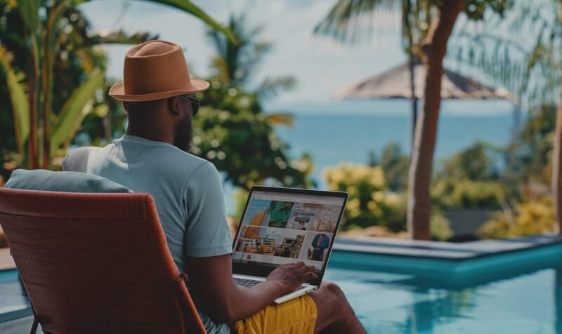 Person working remotely overlooking a pool and palm trees
